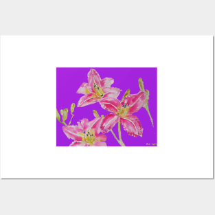 Pink Lily Flower Watercolor Painting Pattern - on Purple Posters and Art